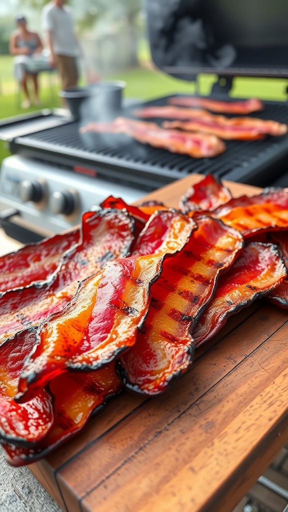 Grilled bacon strips on a wooden board with grill marks, ready to serve.